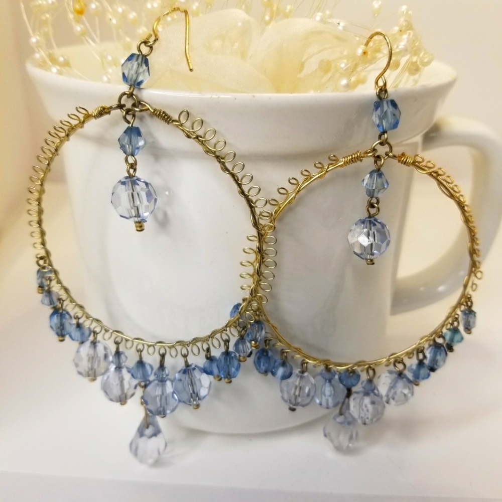 Boho Style Gold Hoop Dangle Earrings With Faceted Blue Beads